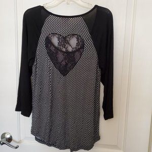 Betsey Johnson Polka Dot Lace Heart Baseball Tee